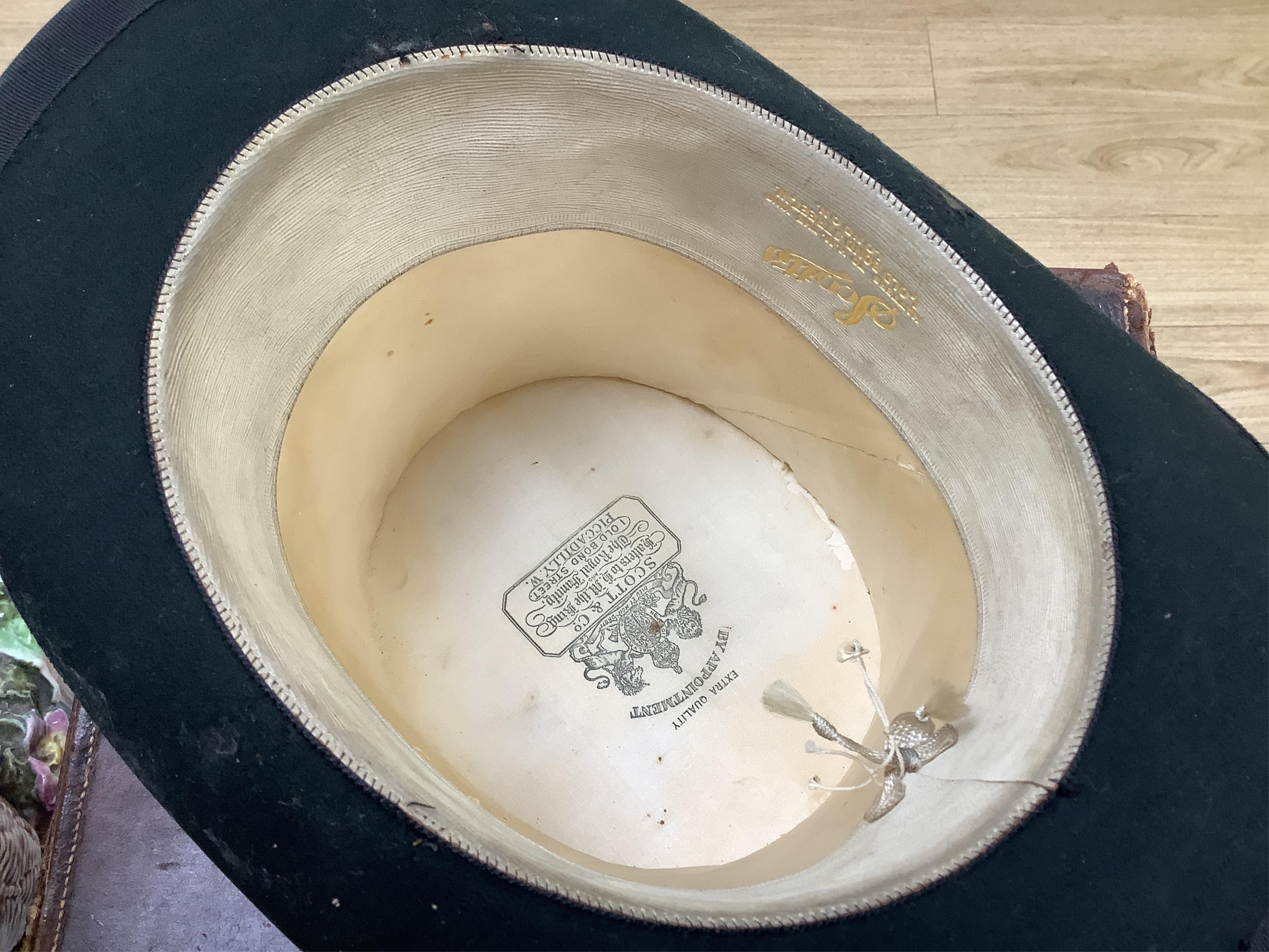 A Scott & Co. top hat with brush in leather case, together with a cased opera hat.